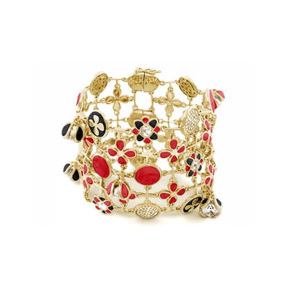 Beautiful Blossom Bracelet gold-tone with red/black enamel flower charms and crystals on Tampa Home & Garden Store