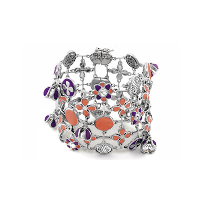 Beautiful Blossom Bracelet by Lauren G Adams in silver with purple and coral floral charms on Tampa Home & Garden Store