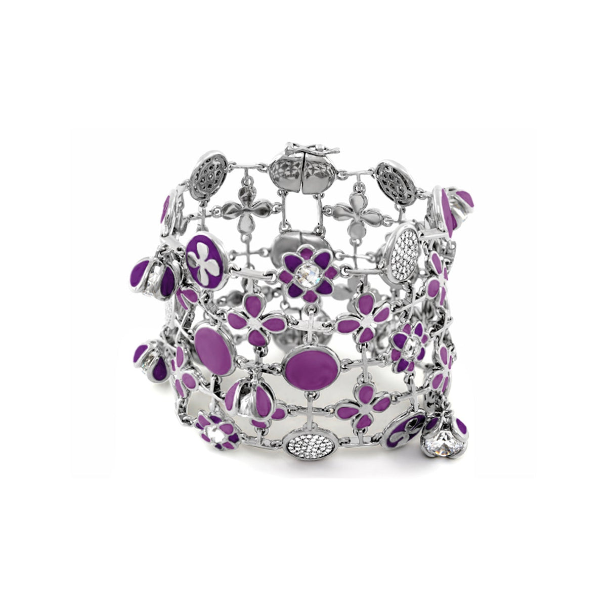 Beautiful Blossom bracelet by Lauren G Adams, silver chain with purple enamel flower charms and crystal centerpiece on Tampa Home & Garden Store