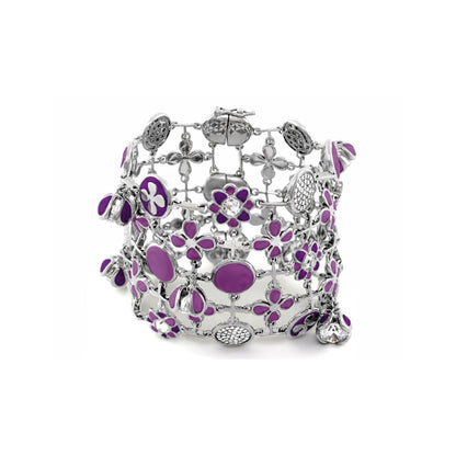 Beautiful Blossom bracelet by Lauren G Adams, silver chain with purple enamel flower charms and crystal centerpiece on Tampa Home & Garden Store