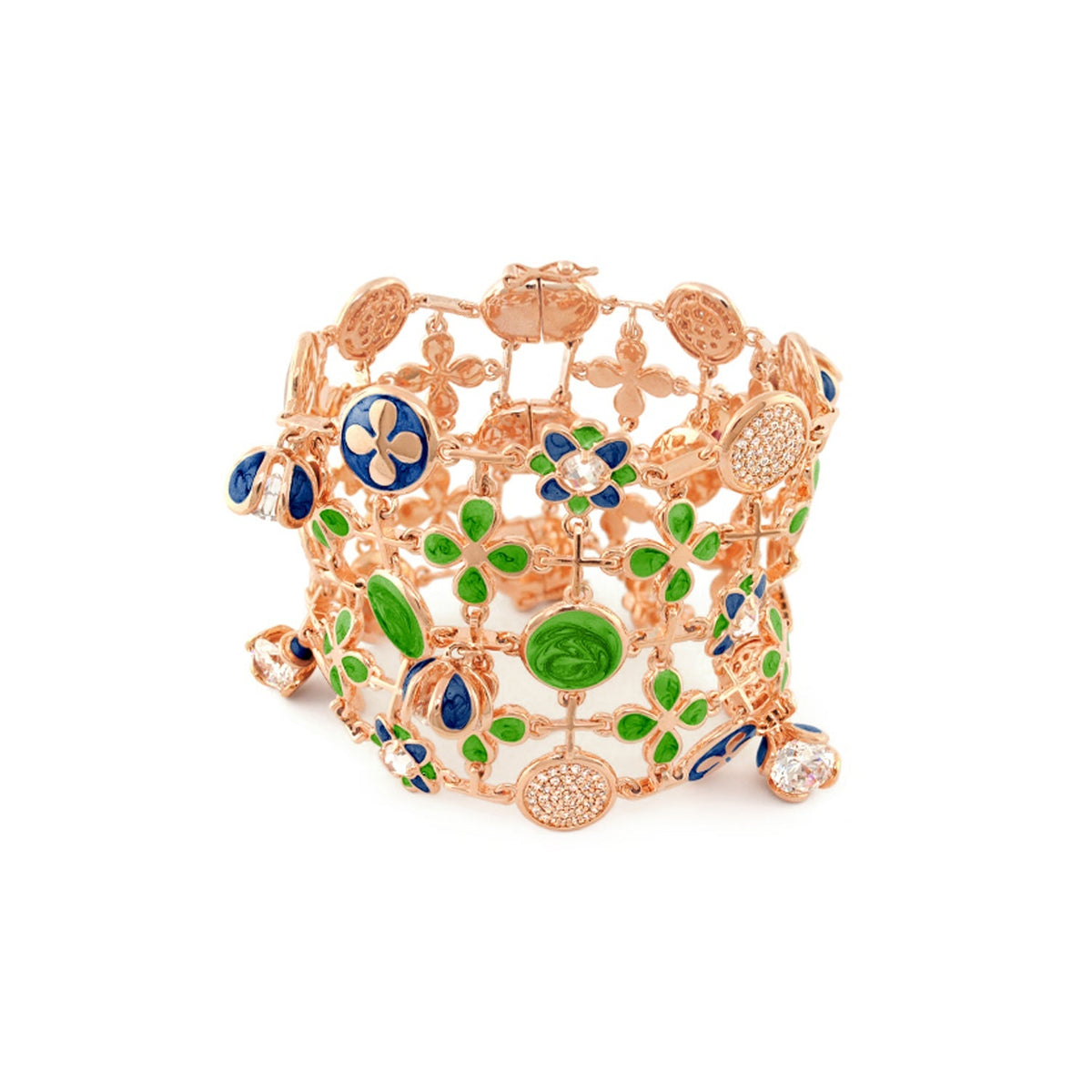 Beautiful Blossom Bracelet by Lauren G Adams rose-gold with blue enamel flowers and green leaves on Tampa Home & Garden Store
