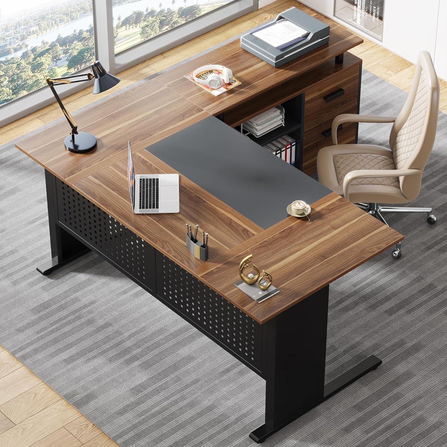 L-shaped executive desk with file cabinet and wood veneer top, black perforated base on Tampa Home & Garden Store
