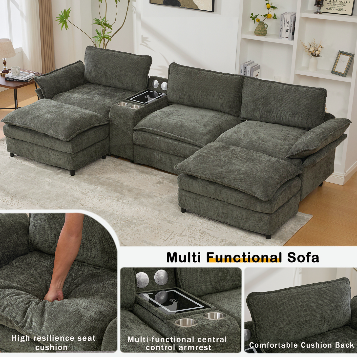 U-shaped modular sofa in charcoal fabric with storage console and Bluetooth speakers on Tampa Home & Garden Store