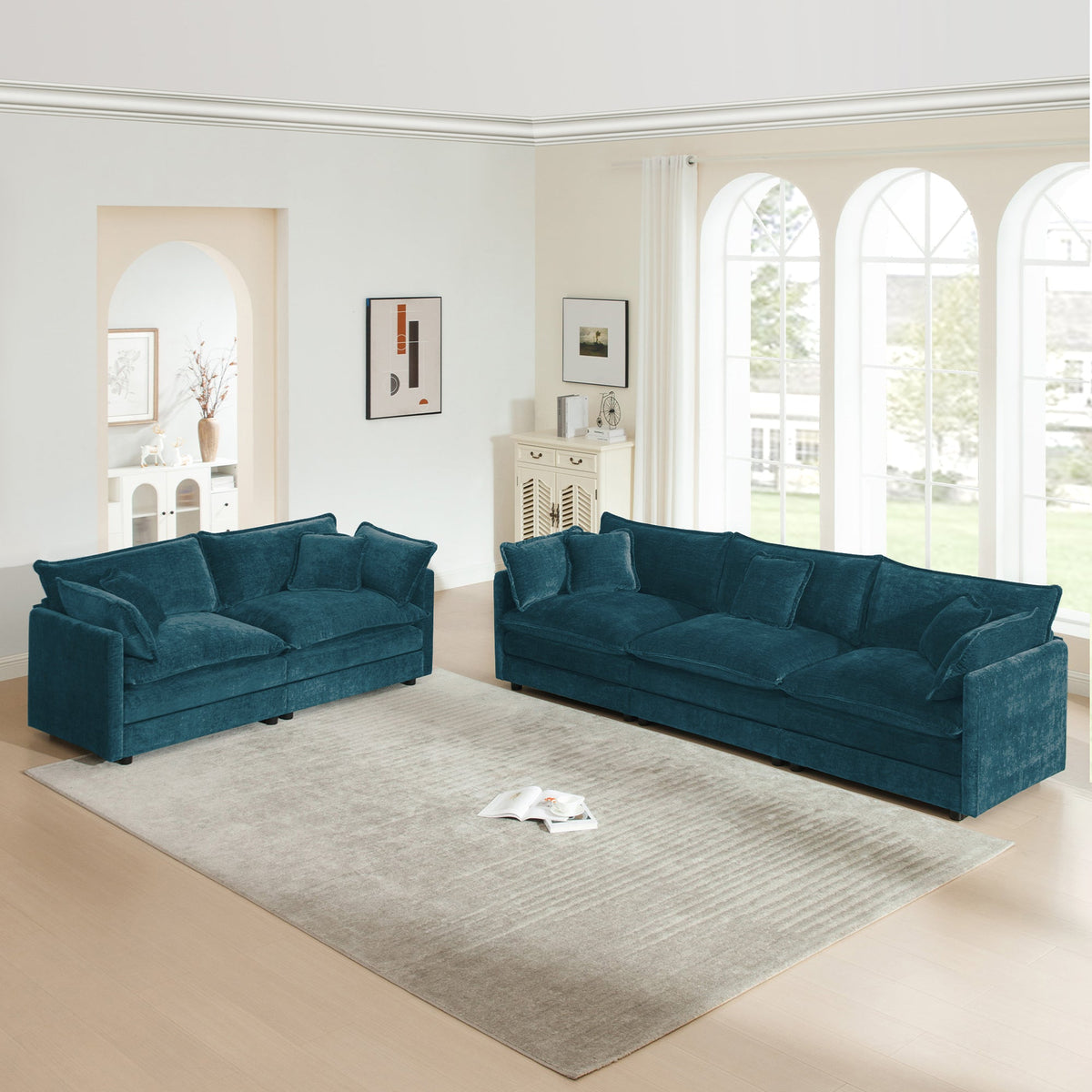 Chenille sofa set of 2: 2- and 3-seater teal couches by HouseOfZazla in a bright living room on Tampa Home & Garden Store