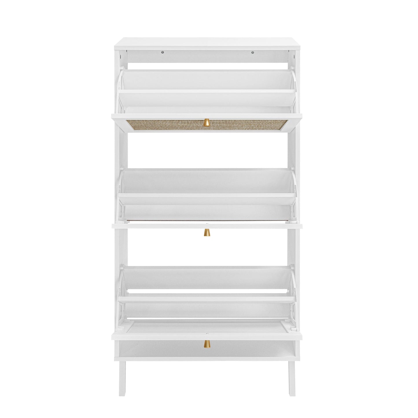 White shoe cabinet with woven rattan front and brass knob, HouseOfZazla 3-Door entry organizer on Tampa Home & Garden Store