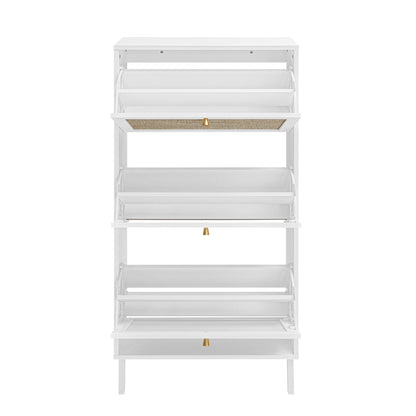 White shoe cabinet with woven rattan front and brass knob, HouseOfZazla 3-Door entry organizer on Tampa Home & Garden Store