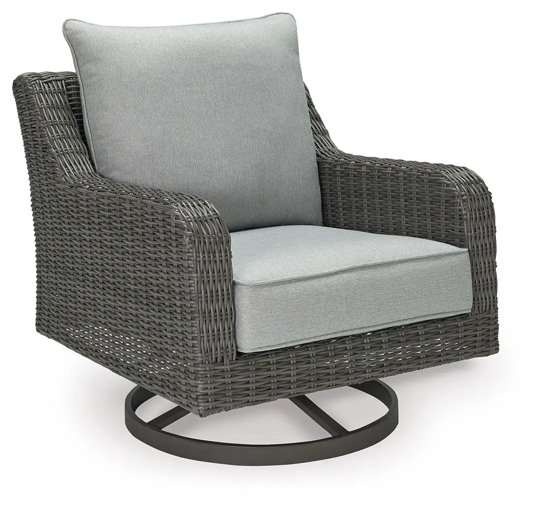 Elite Park Swivel Lounge Chair with cushion, gray wicker and round base on Tampa Home & Garden Store