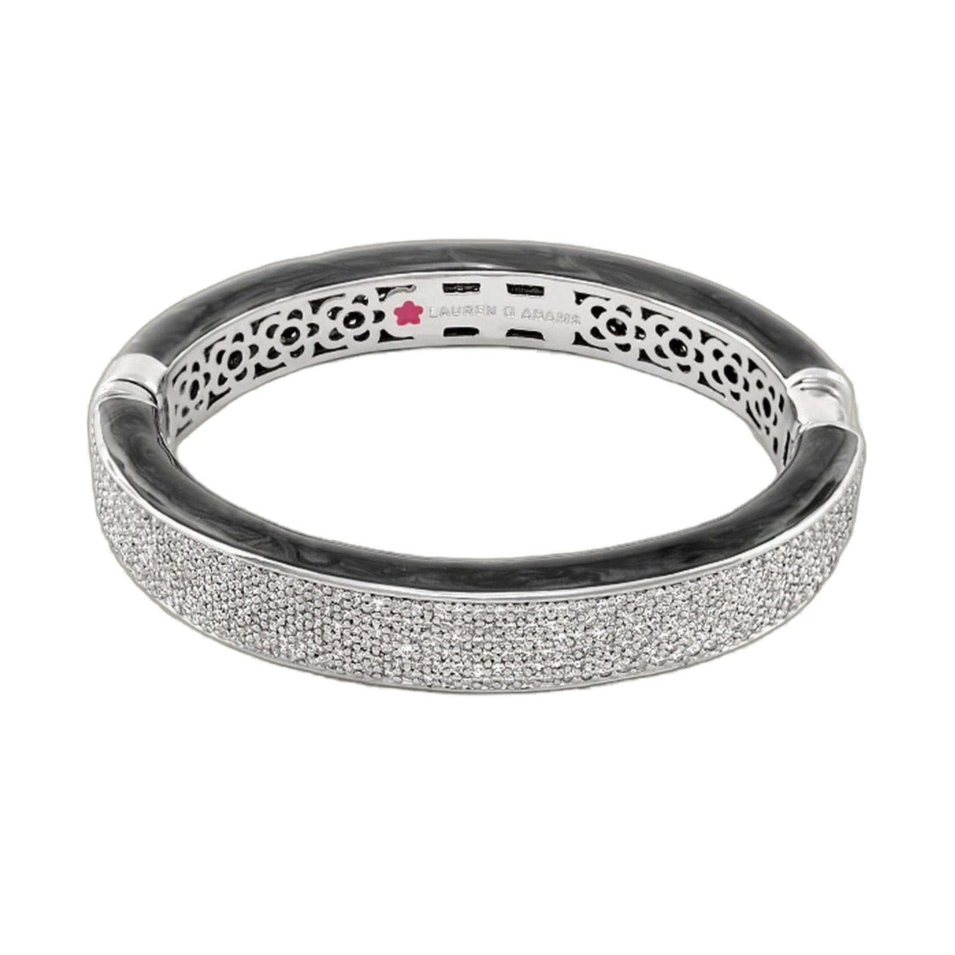 The Glam Bangle bracelet in silver with pave crystals exterior, Lauren G Adams brand engraving on Tampa Home & Garden Store