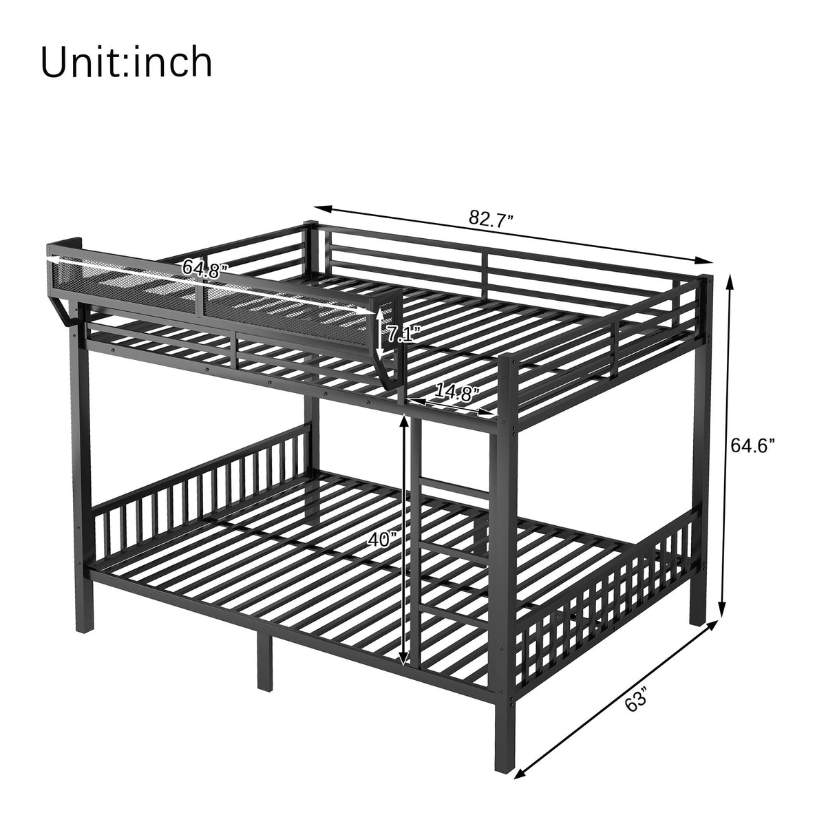 Queen Over Queen bunk bed in black metal with ladder and storage shelf by HouseOfZazla on Tampa Home & Garden Store