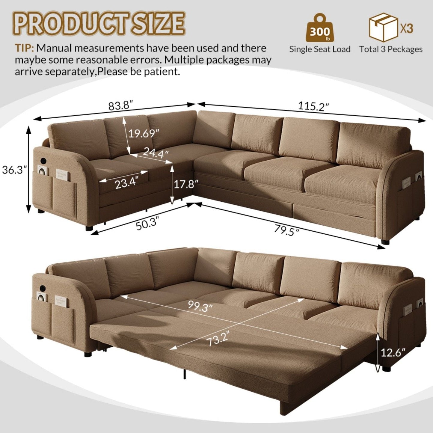 L Shaped Couch With Pull Out Bed And Usb Port
