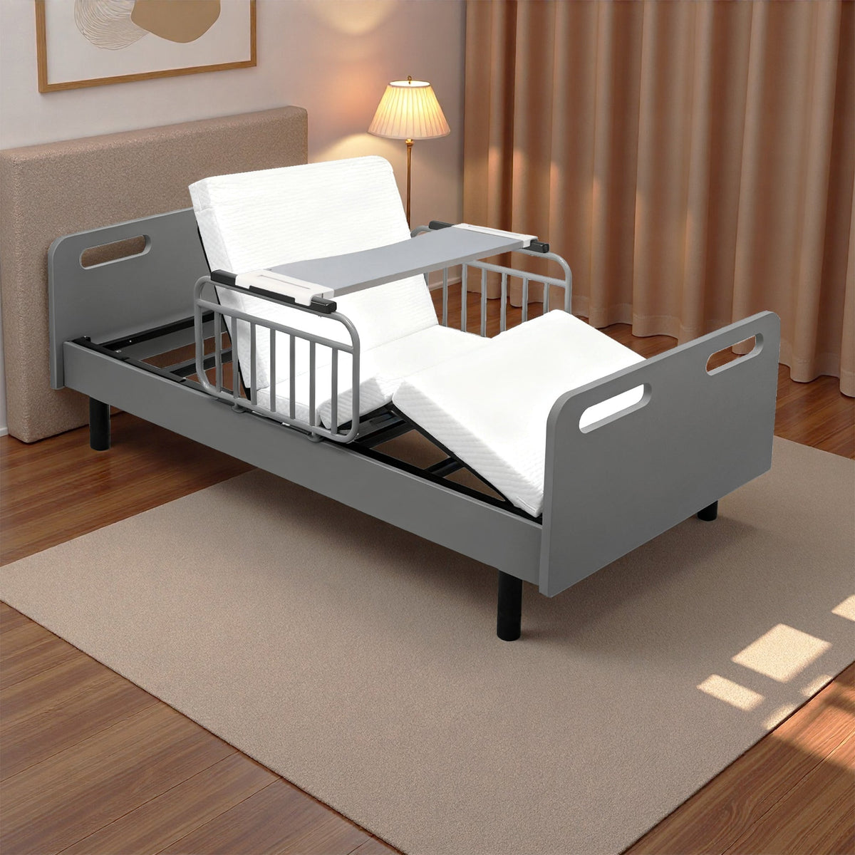 Electric adjustable hospital bed with gray frame and white mattress in a bedroom on Tampa Home & Garden Store