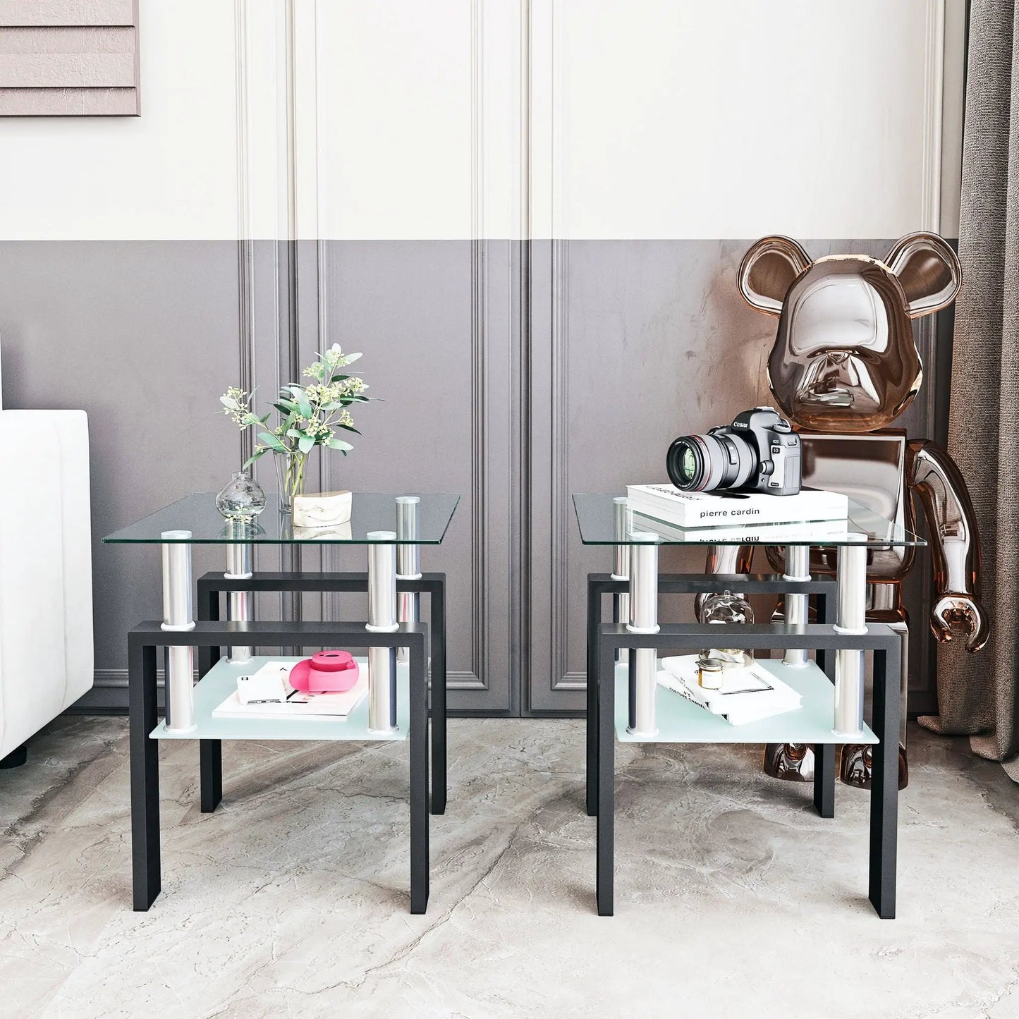 Tempered glass end tables with black metal frames and chrome posts, 2-pack for living room on Tampa Home & Garden Store