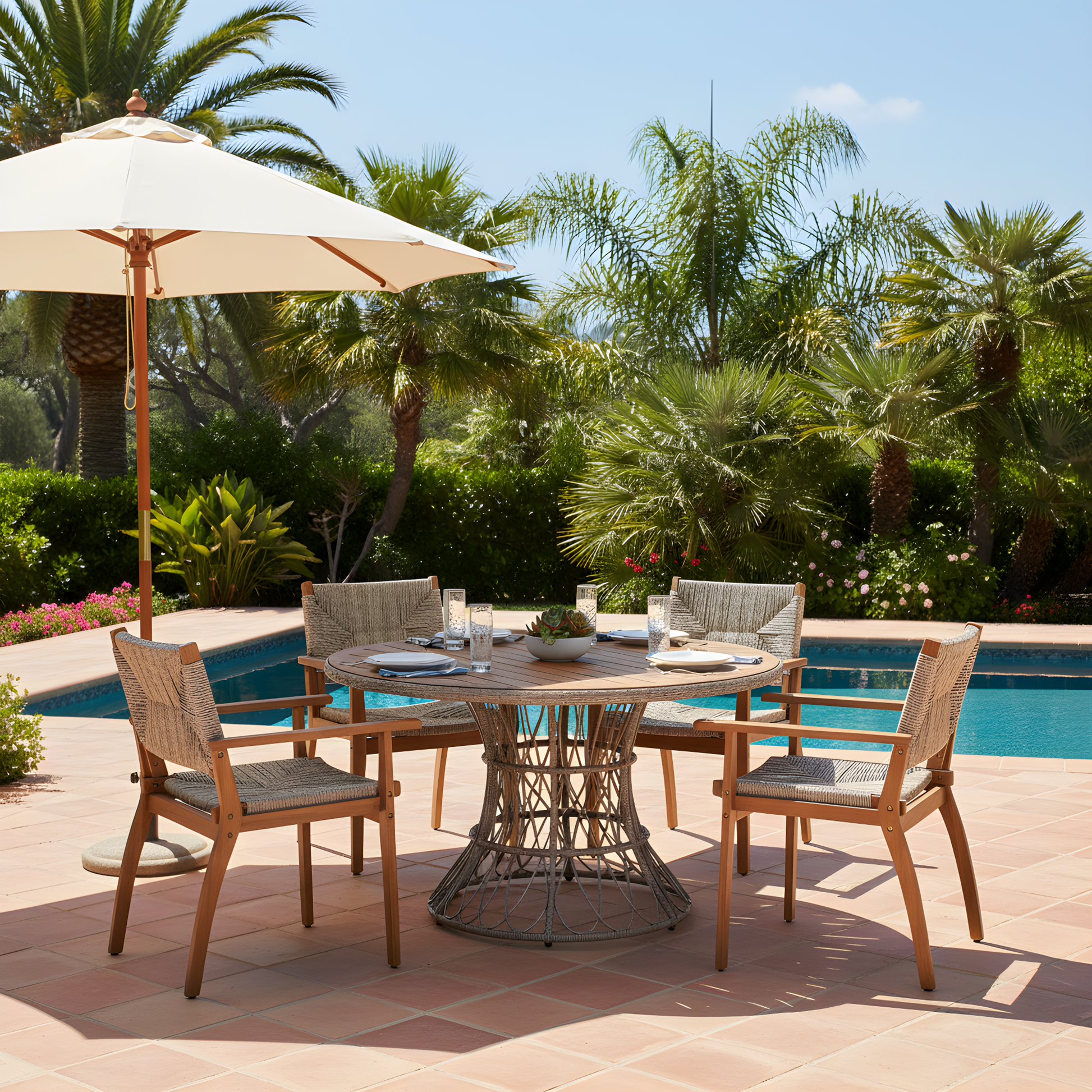 Durable outdoor dining chairs with acacia wood frames and wicker seats on Tampa Home & Garden Store