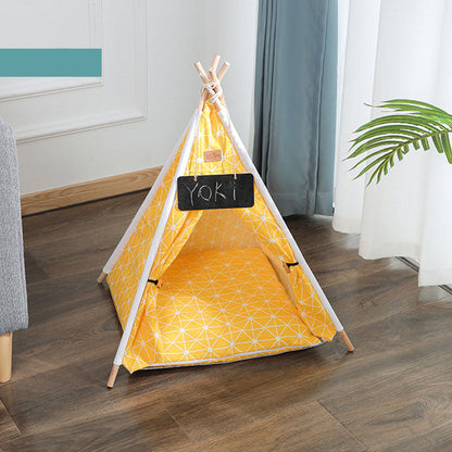 Cat Tent Bed Frame in yellow geometric fabric with wooden poles for pets on Tampa Home & Garden Store