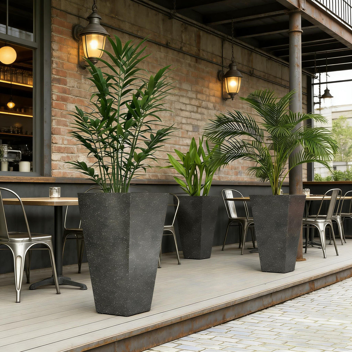 HouseOfZazla Stackable Taper Planters set of 3 in dark speckled finish with lush green plants on Tampa Home & Garden Store