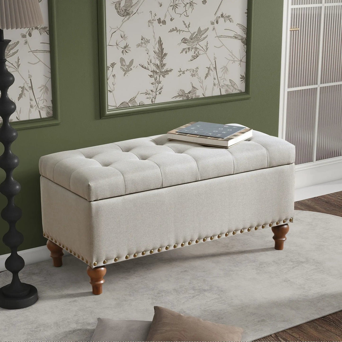 Upholstered Ottoman with Storage and Rivet Trim
