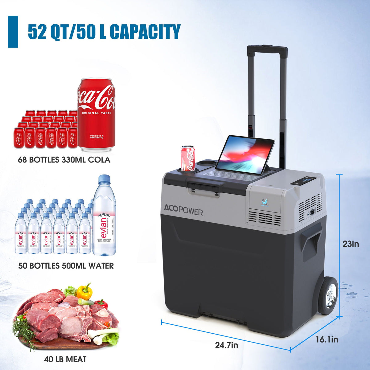 ACOPOWER portable car freezer refrigerator, 52 QT/50 L capacity, 6'' off-road wheels on Tampa Home & Garden Store