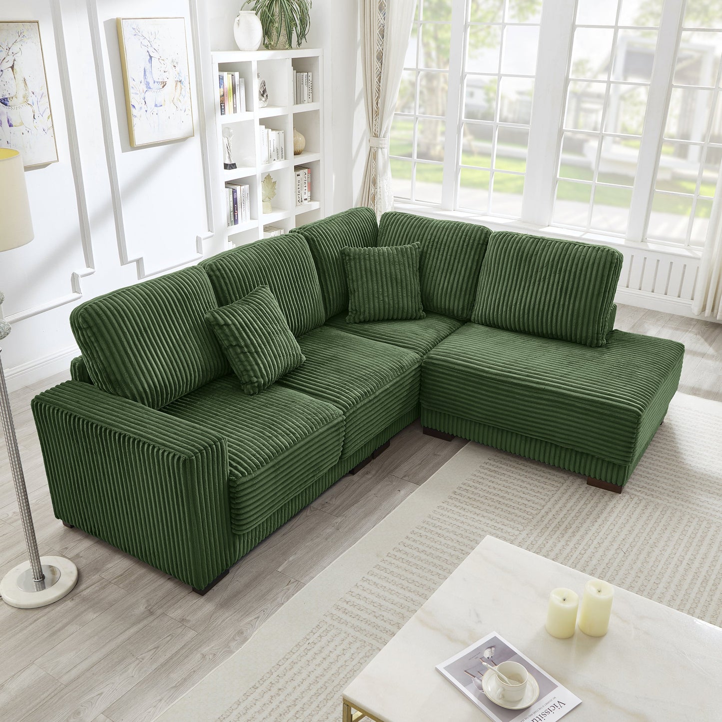 93-inch L-shaped sectional sofa in green corduroy upholstery by HouseOfZazla on Tampa Home & Garden Store