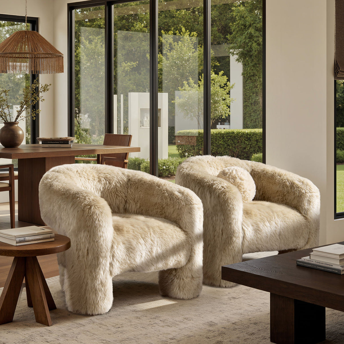 Genuine Sheepskin Fur Split Barrel Back Accent Chair set of 4 Natural Blonde with sculptural base on Tampa Home & Garden Store