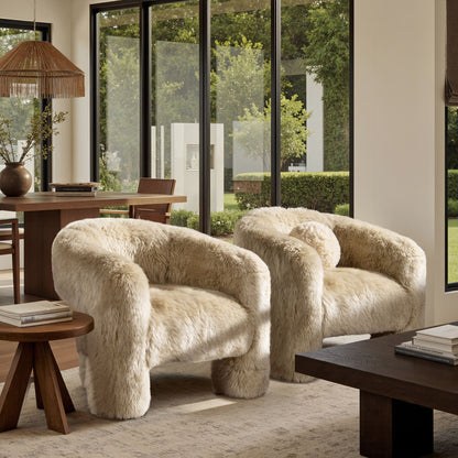 Genuine Sheepskin Fur Split Barrel Back Accent Chair set of 4 Natural Blonde with sculptural base on Tampa Home & Garden Store