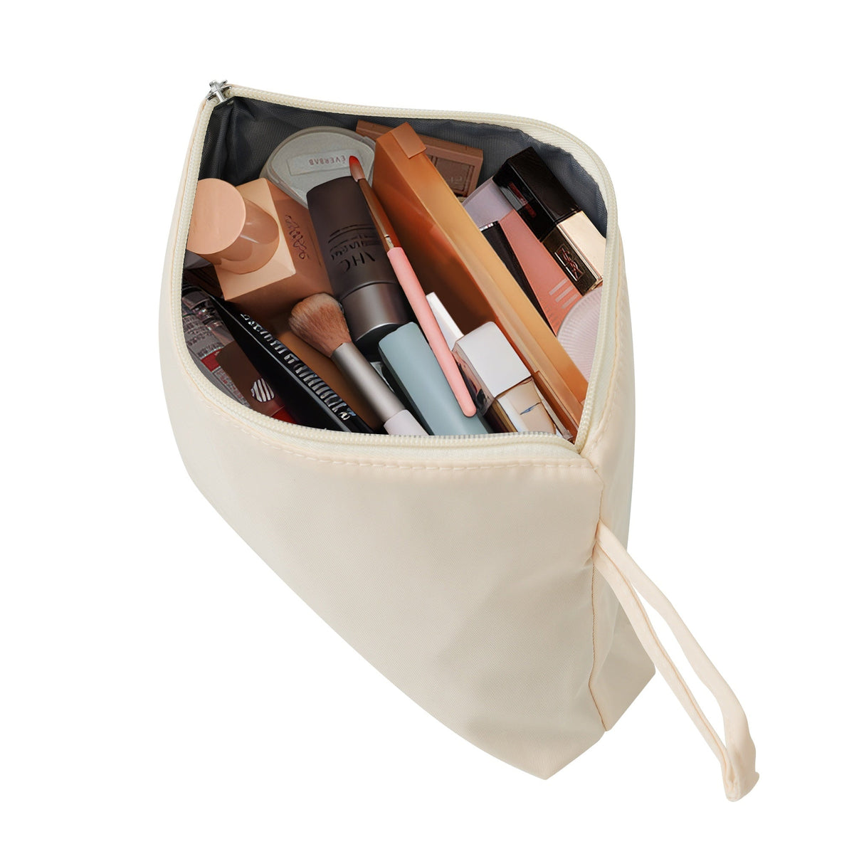 Beige makeup bag open with cosmetics and brushes, soft fabric case on Tampa Home & Garden Store