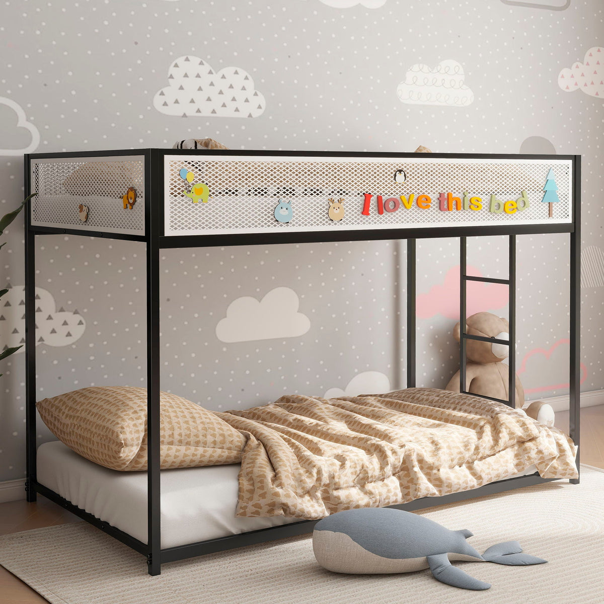 Adam bunk guard rail on black metal bunk bed frame with white mesh panel by HouseOfZazla on Tampa Home & Garden Store