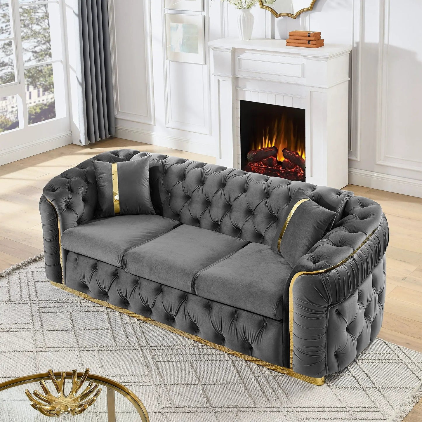 Button Tufted Chesterfield Sofa With 2 Pillows