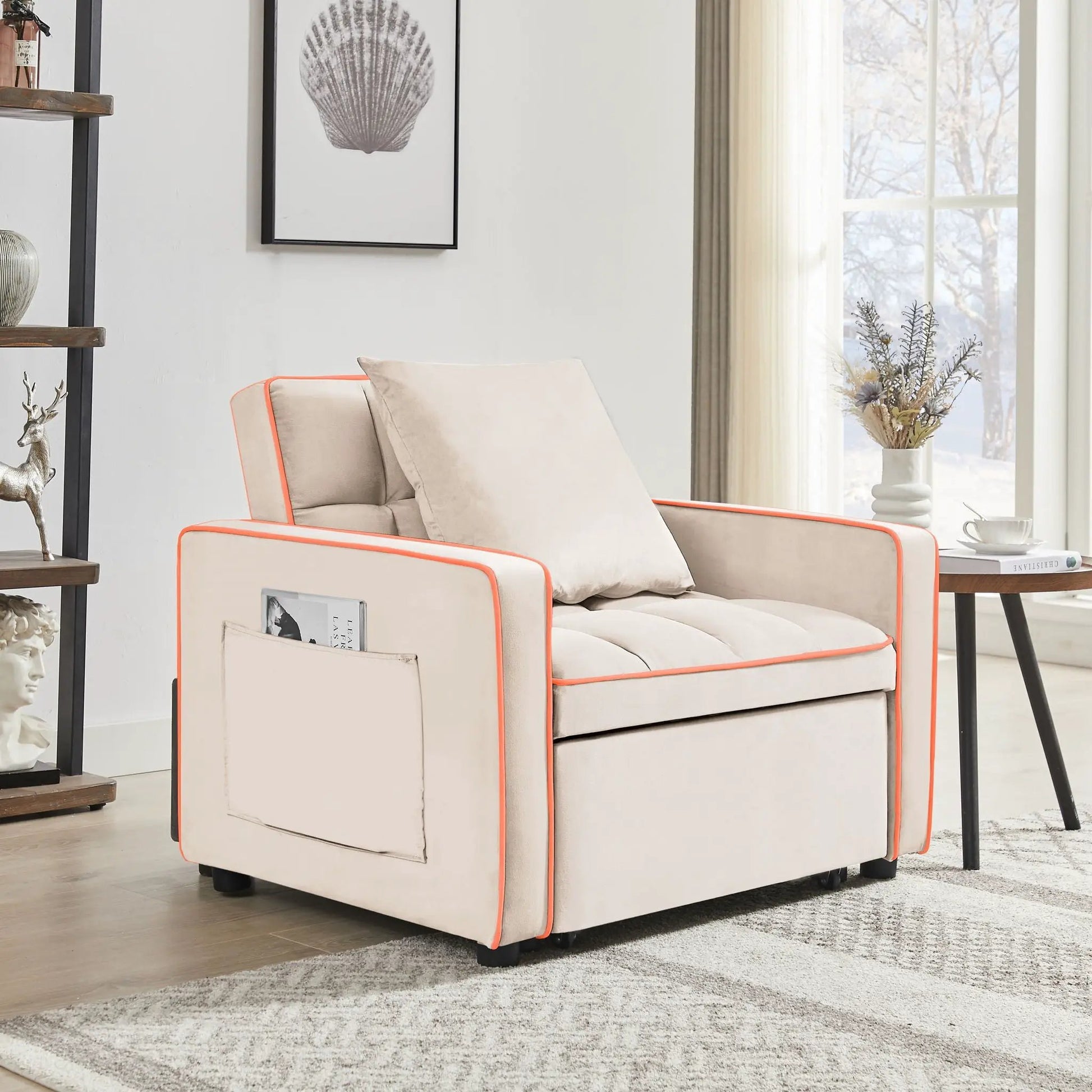 Two 3-in-1 sofa bed chairs adjustable beige fabric orange piping Unique Piece Furniture on Tampa Home & Garden Store