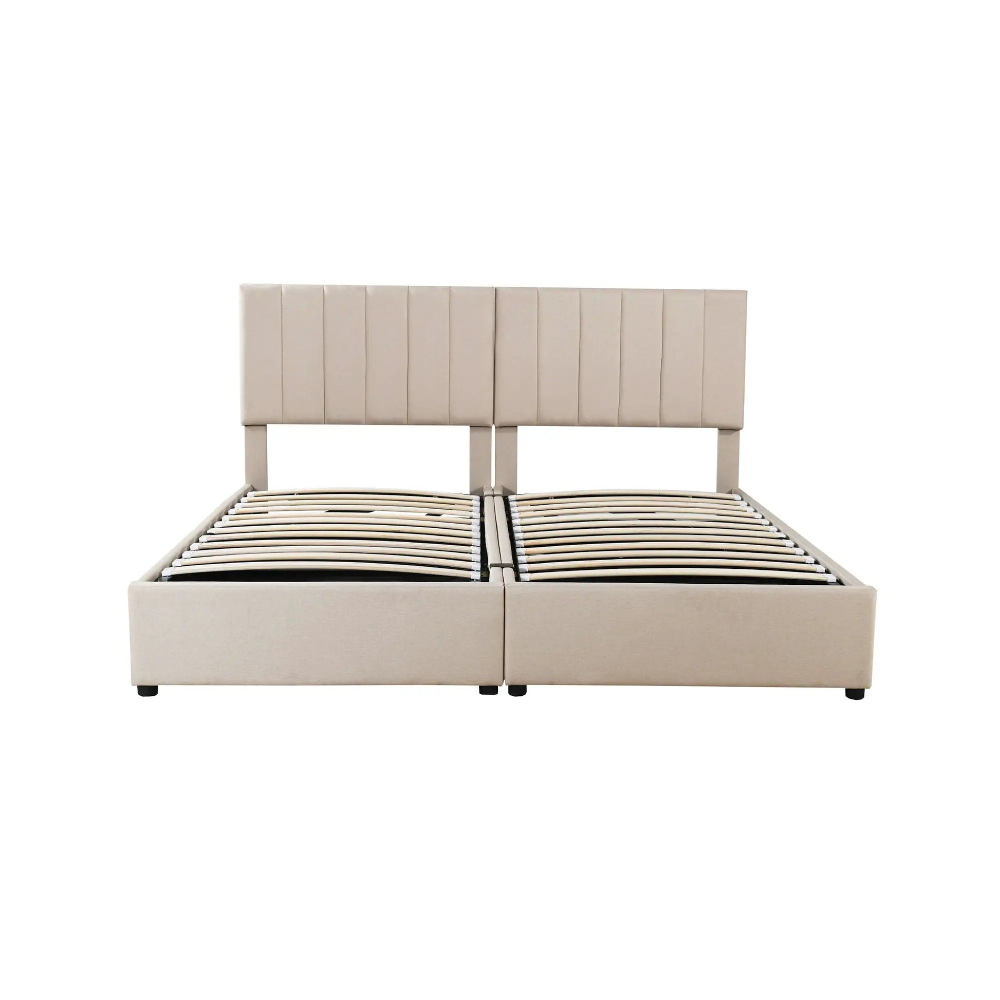 Beige upholstered platform bed with vertical-panel headboard and built-in storage on Tampa Home & Garden Store