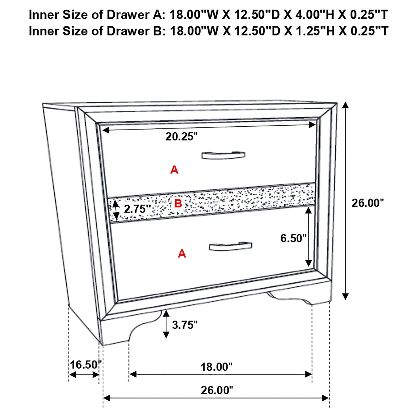 Corbin Glittering Bedroom Set by HouseOfZazla, drawing of A/B drawers with measurements on Tampa Home & Garden Store