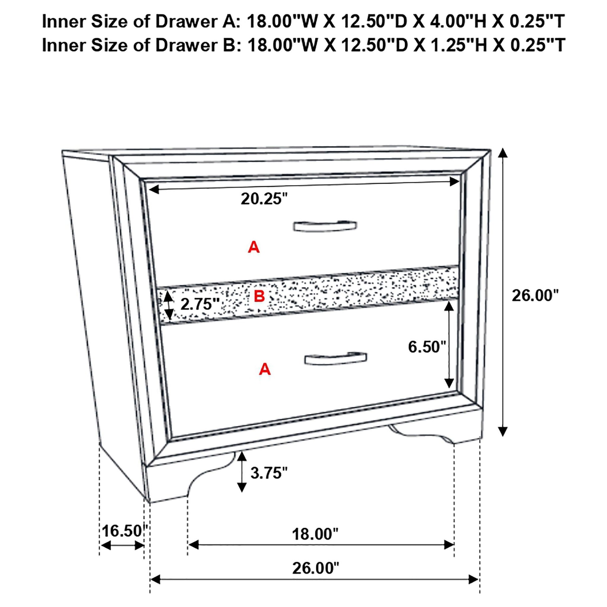 Corbin Glittering Bedroom Set by HouseOfZazla, drawing of A/B drawers with measurements on Tampa Home & Garden Store