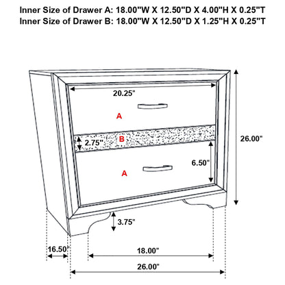 Corbin Glittering Bedroom Set by HouseOfZazla, drawing of A/B drawers with measurements on Tampa Home & Garden Store