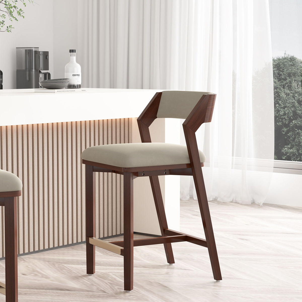 Patricia Counter Stool pair dark walnut wood beige upholstered seat counter height 24–27 in on Tampa Home & Garden Store