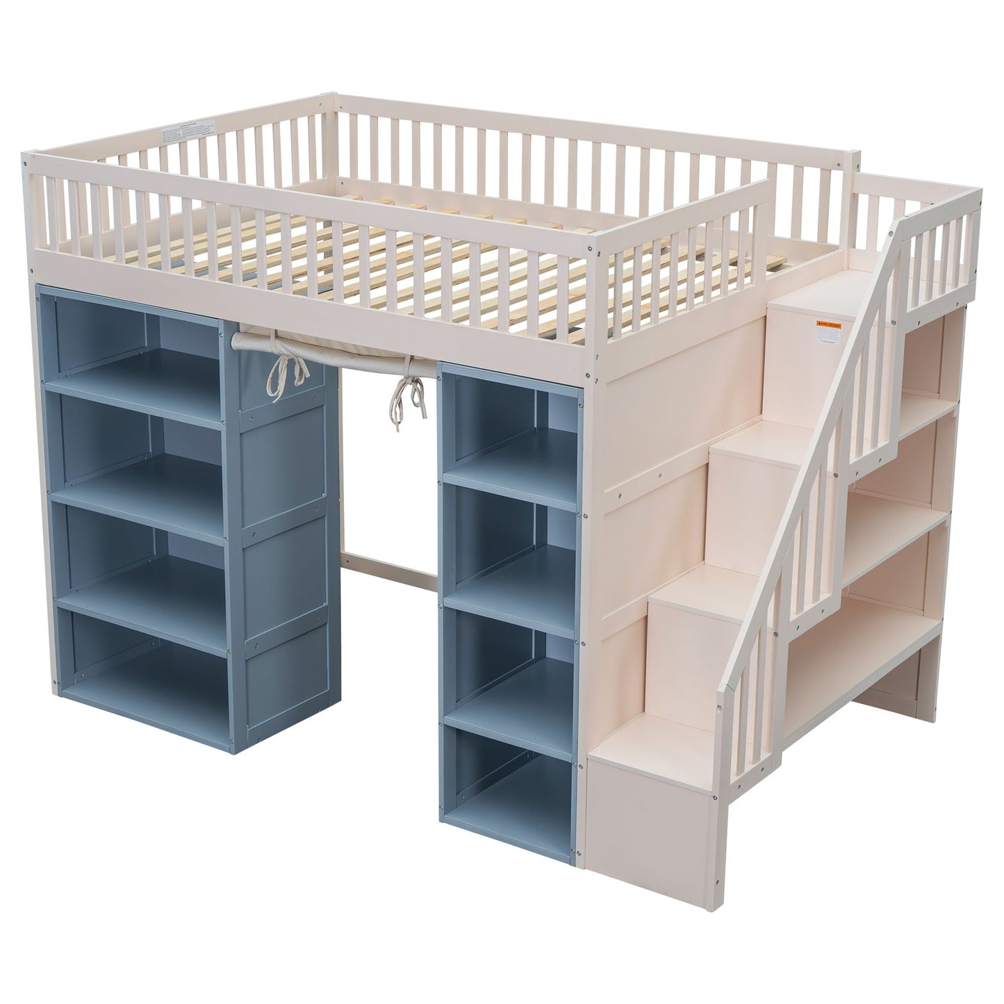 Full size loft bed with staircase and privacy curtain white frame atop two blue storage cabinets on Tampa Home & Garden Store