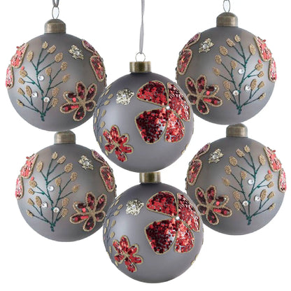 Glass hanging ball Christmas ornaments set with pink floral butterfly sequin embroidery on Tampa Home & Garden Store