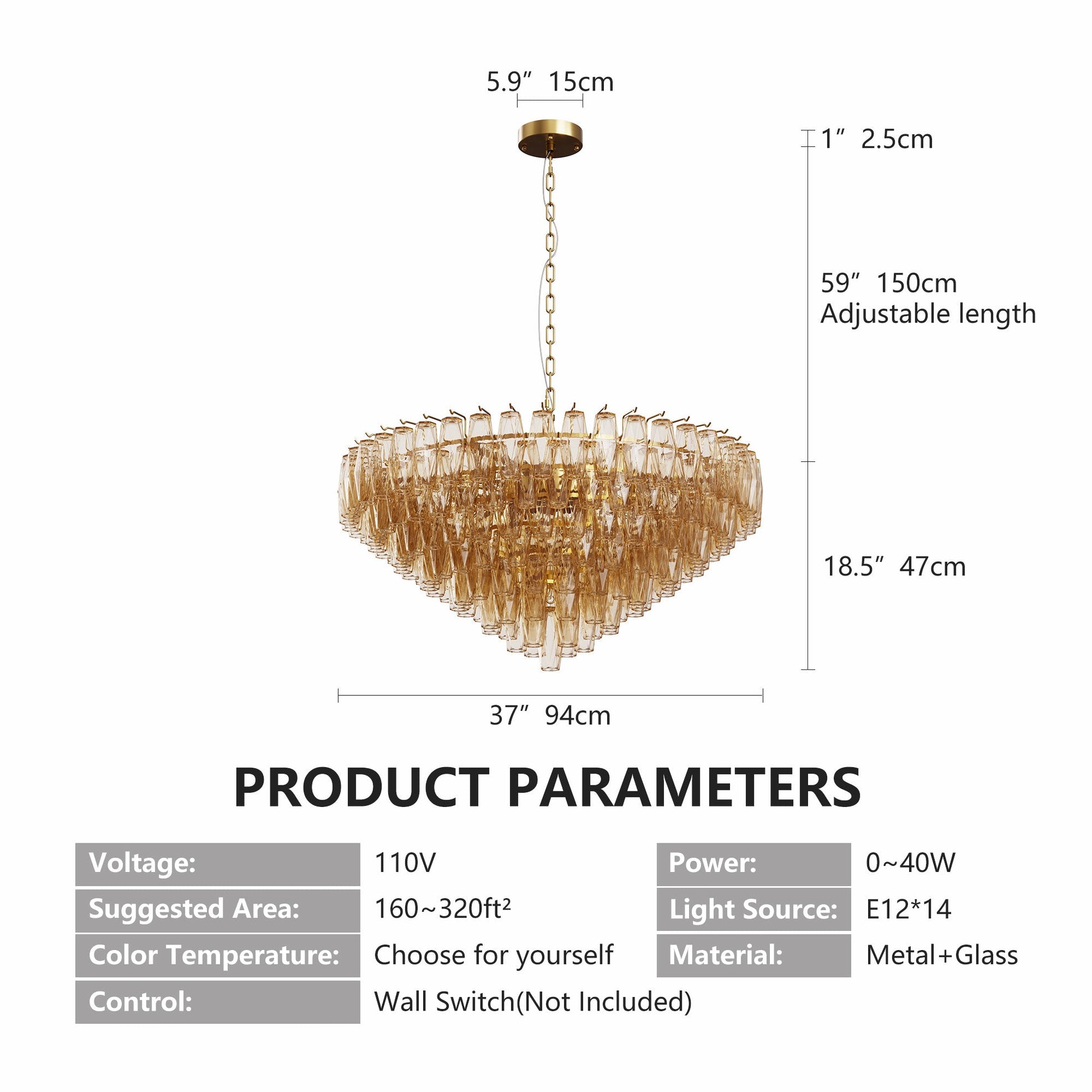 37in extra large gold modern round chandelier with 14 lights and glass prisms on a metal chain on Tampa Home & Garden Store