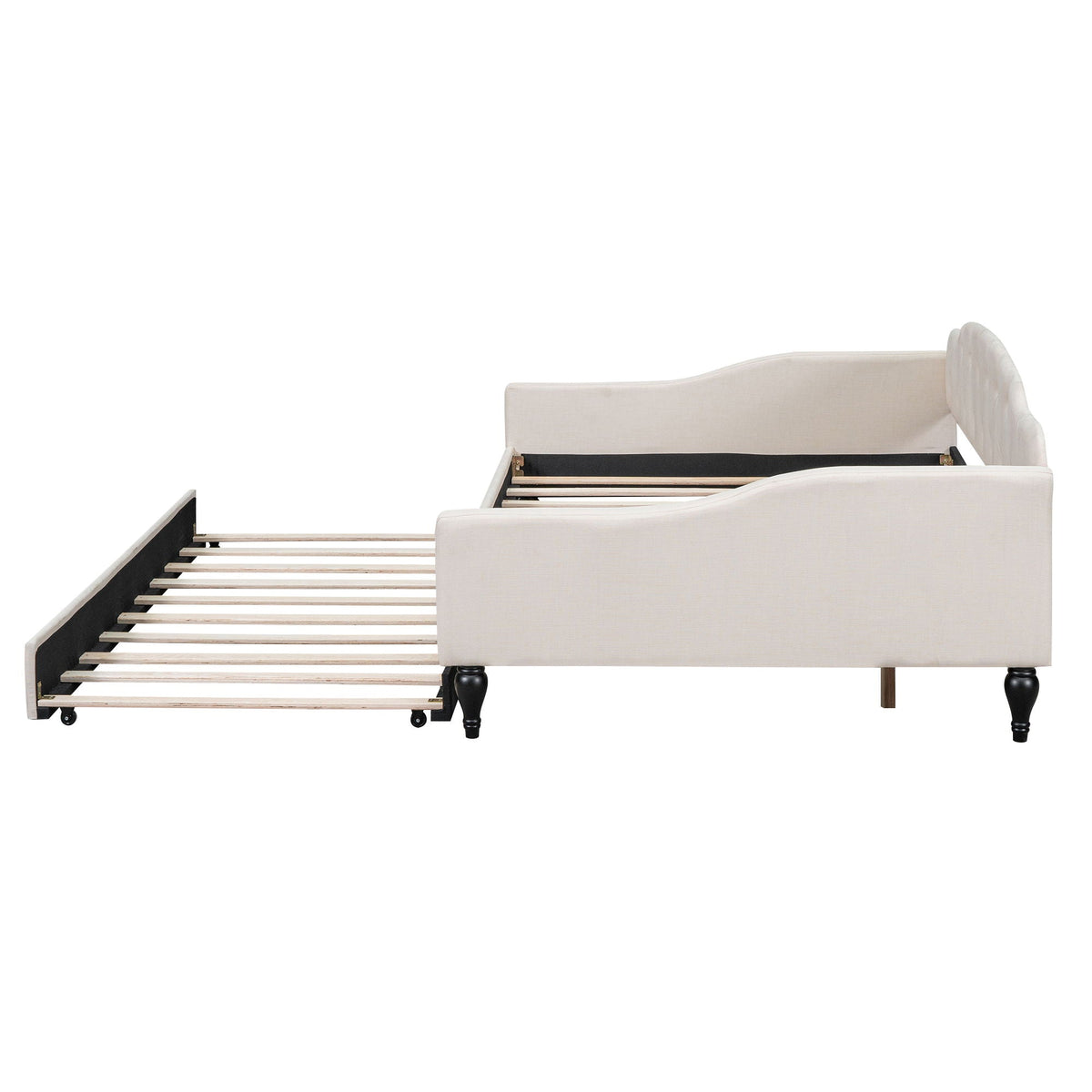 Upholstered tufted daybed in beige fabric with curved arms and slat base HouseOfZazla on Tampa Home & Garden Store