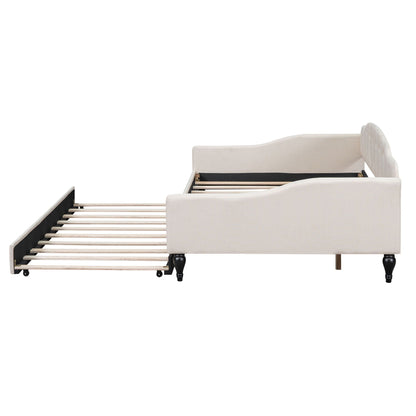 Upholstered tufted daybed in beige fabric with curved arms and slat base HouseOfZazla on Tampa Home & Garden Store