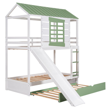 Twin over twin bunk bed with convertible slide and trundle, white frame, green roof, window panel on Tampa Home & Garden Store