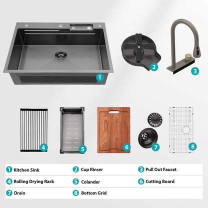 Brushed Waterfall Sink with Faucet and Cup Washer