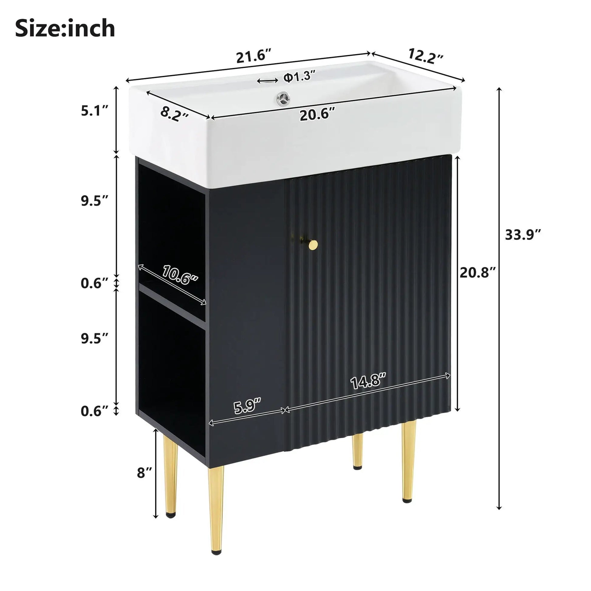 White ceramic sink vanity atop a black ribbed storage cabinet with gold legs on Tampa Home & Garden Store