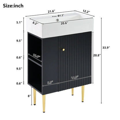 White ceramic sink vanity atop a black ribbed storage cabinet with gold legs on Tampa Home & Garden Store
