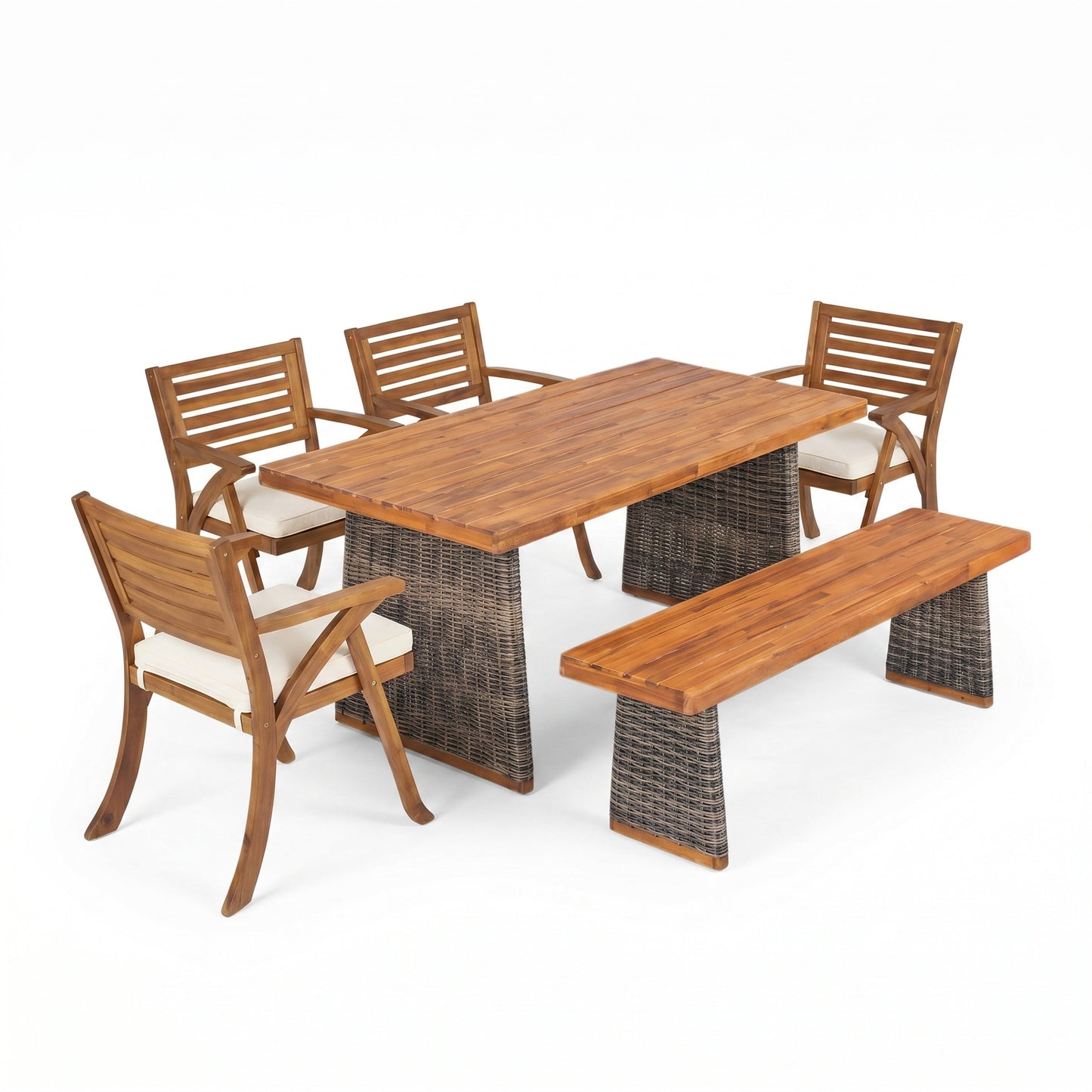 Outdoor 6-piece acacia wood dining set with cream cushions and rattan legs by HouseOfZazla on Tampa Home & Garden Store