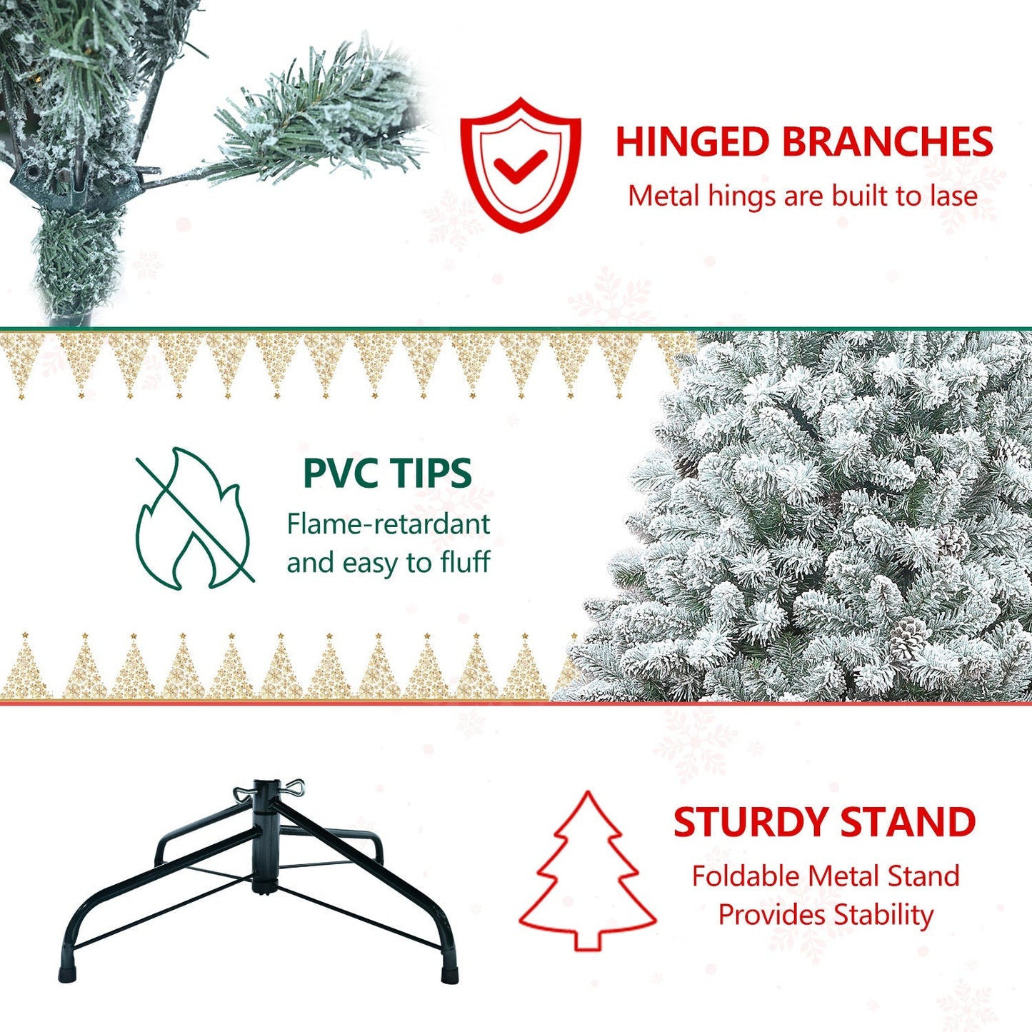 4FT flocked Christmas Tree with pine cones and snowy PVC design by HouseOfZazla, hinged branches on Tampa Home & Garden Store