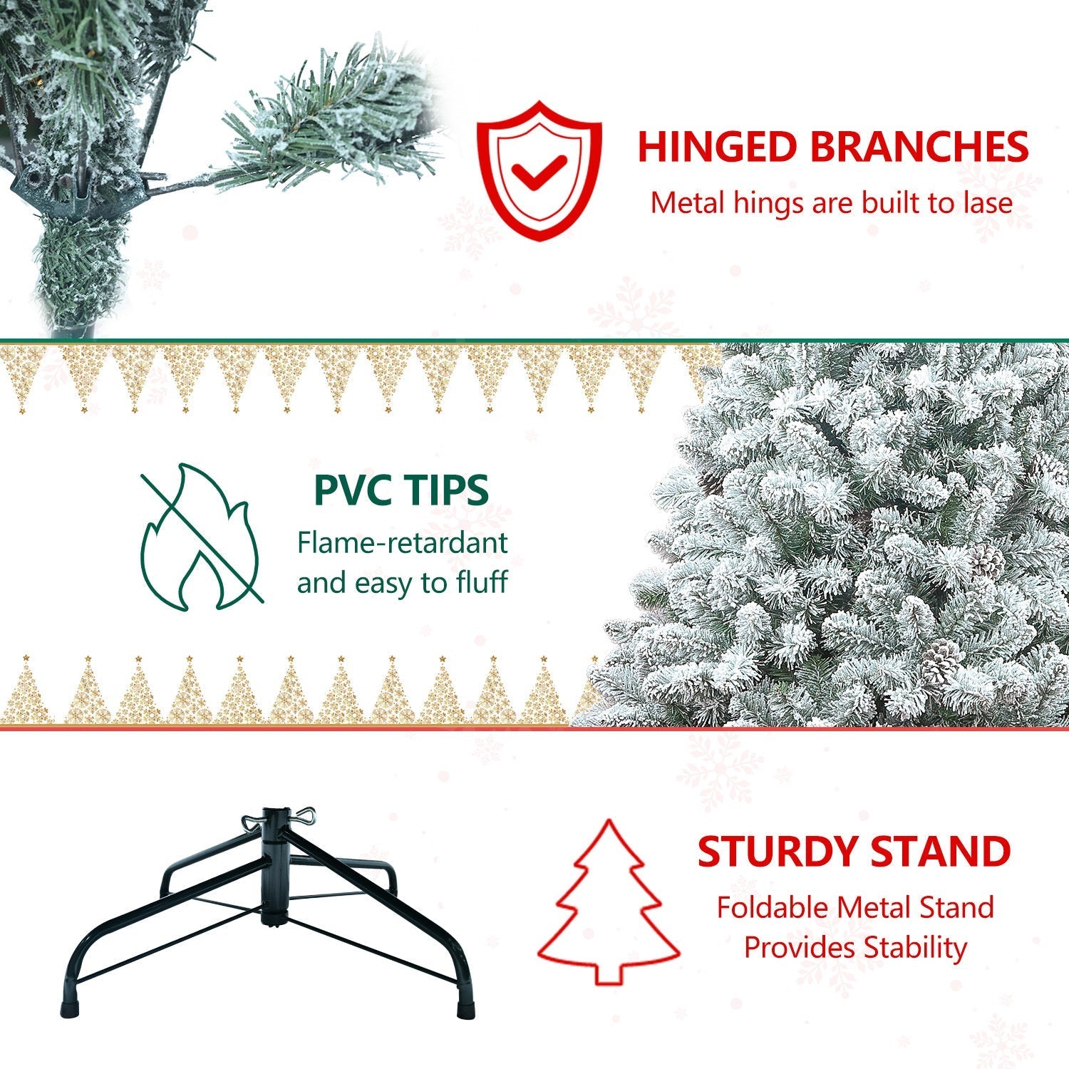 4FT flocked Christmas Tree with pine cones and snowy PVC design by HouseOfZazla, hinged branches on Tampa Home & Garden Store