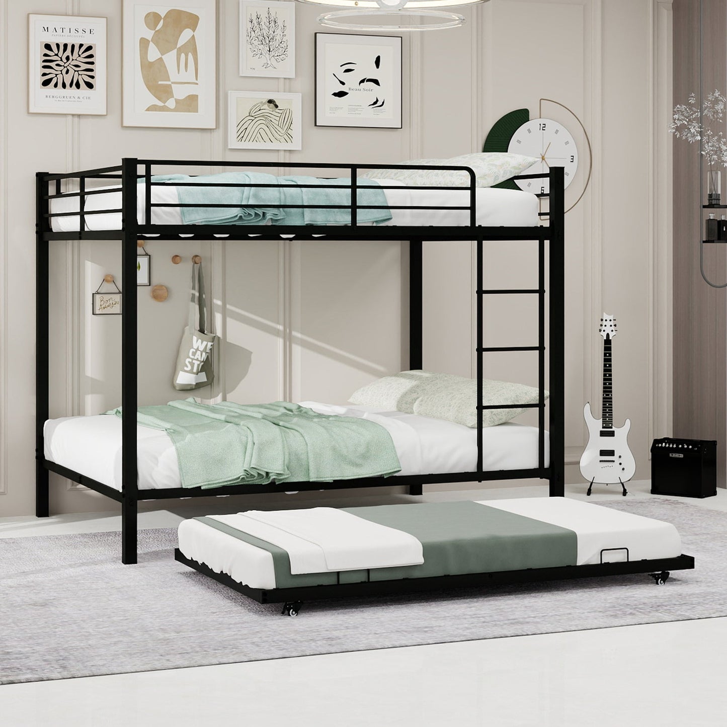 Durable square-tube iron full-size bunk bed frame in black with ladder and guard rails on Tampa Home & Garden Store
