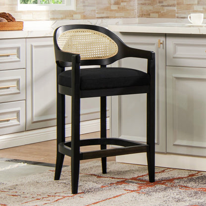 Mid-Century Modern Cane Back Counter Stool black frame with caned back and black cushion 24-27 in on Tampa Home & Garden Store