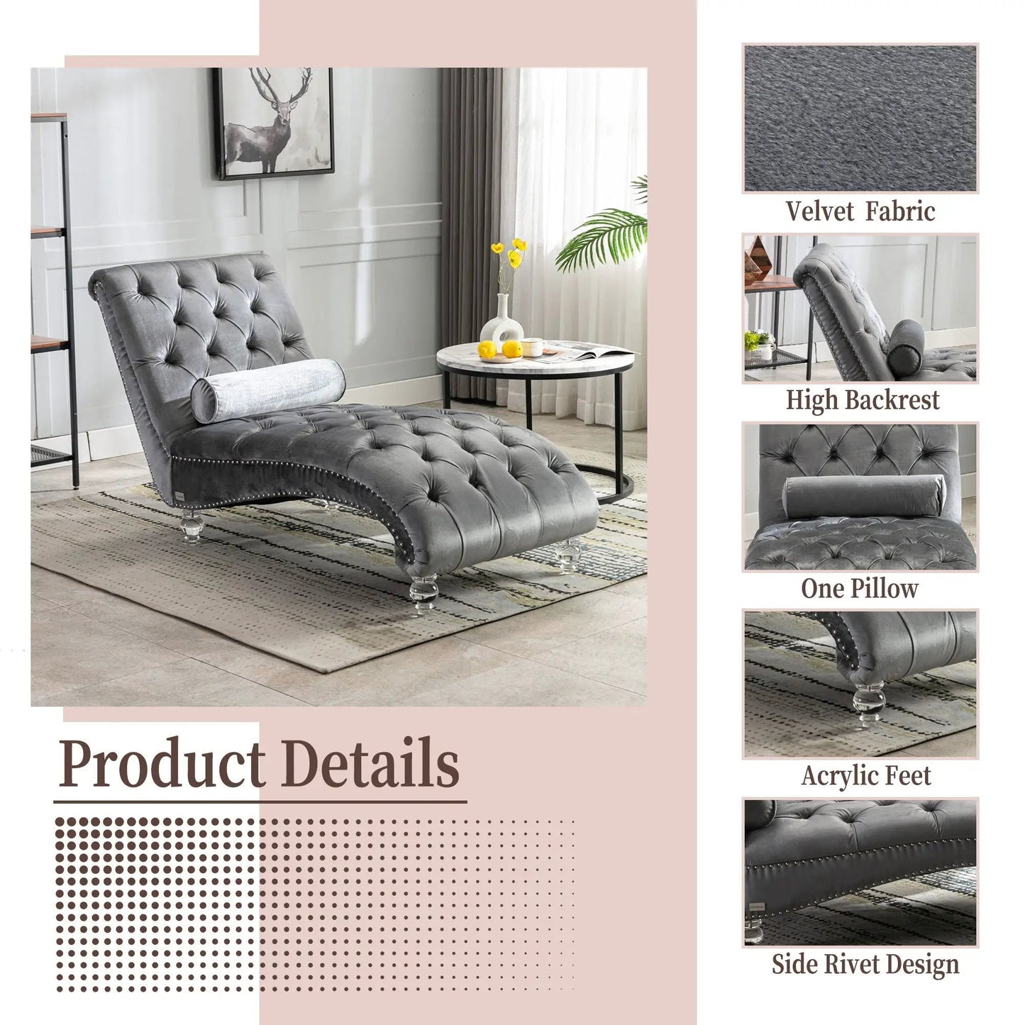 Indoor Chaise Lounge With Button Tufted Pillow