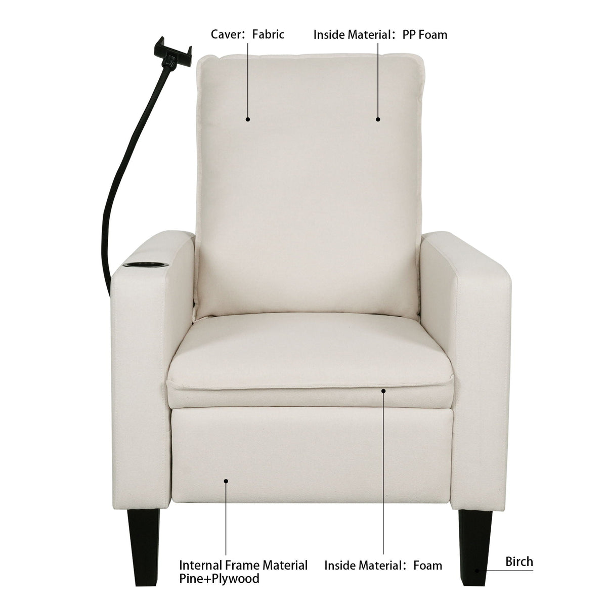 Recliner chair in beige fabric by HouseOfZazla with cup and phone holders, birch legs on Tampa Home & Garden Store