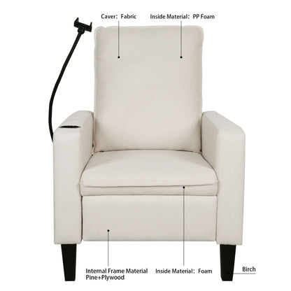 Recliner chair in beige fabric by HouseOfZazla with cup and phone holders, birch legs on Tampa Home & Garden Store